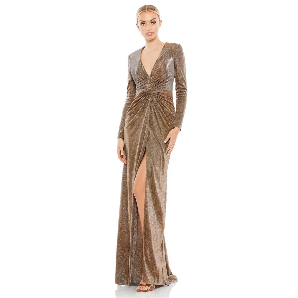 IENA for Mac Duggal Twist Front Dress Womens 4 Bronze Metallic Gown 261941